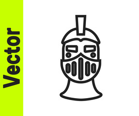 Black line Medieval iron helmet for head protection icon isolated on white background. Vector.