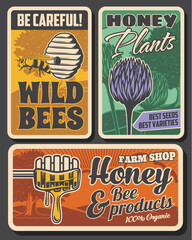 Beekeeping farm and honey production retro posters. Bees hive or nest, clover flowers and tree, wooden dipper with dipping fresh honey vector. Wild bees danger beware warning, plants seeds shop banner - obrazy, fototapety, plakaty
