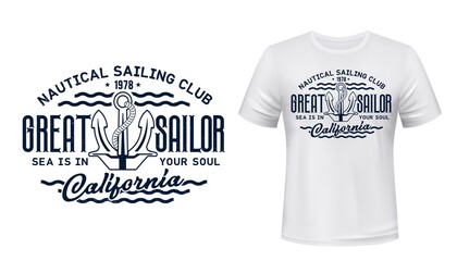 Nautical sailing club t-shirt vector print. Vessel stockless anchor with rope in shackle ring illustration and typography. Sailing club member, sailor or seafarer clothing print design mockup © Vector Tradition
