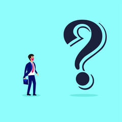 Confusion of business vector concept: Young businessman looking at big question mark while wearing face mask