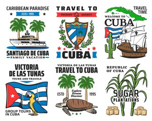 Cuba tourist travel, caribbean paradise family vacation icons. Yacht and royal palm, cuban coat of arms and national flag, macaw parrot, sea turtle, sugarcane and Christopher Columbus ship vector