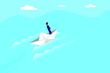 Businessman riding boat on the sea while looking forward. Business challenge vector concept
