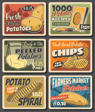 Potato meals and vegetable farm harvest banners. Ripe and peeled potatoes, chips spiral and street food meal menu vector. Farmer market product, fast food dishes retro posters with vintage typography