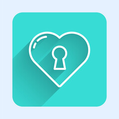 White line Heart with keyhole icon isolated with long shadow. Locked Heart. Love symbol and keyhole sign. Green square button. Vector.