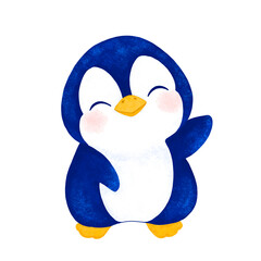 Cute little penguin in blue, joyfully waving a wing, for children's cards and holidays