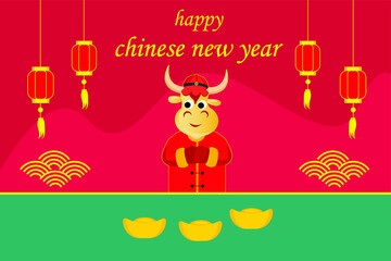 Happy Chinese New Year with cow in cheongsam clothes congratulate chinese new year. Chinese New Year greeting card vector concept