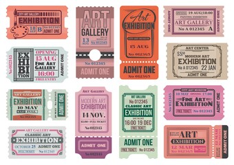 Art gallery and museum exhibition retro tickets, admits vector templates. City museum, art center and painting gallery entrance coupon, event access card, invite card or ticket with tear off part