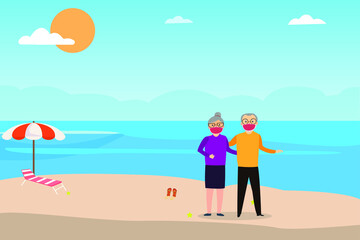 Obraz na płótnie Canvas Holiday in new normal vector concept: Old couple enjoying holiday in the beach together while wearing face mask