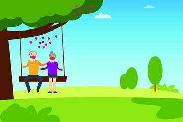 Obraz na płótnie Canvas Valentine day vector concept: Old couple sitting on the swing together in the park while wearing face mask