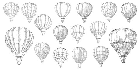 Retro hot air balloons sketches. Vintage lighter than air aircraft, balloon with inflated hot propane gas or helium envelope bag and wicker basket or gondola hand drawn sketch vector set - obrazy, fototapety, plakaty