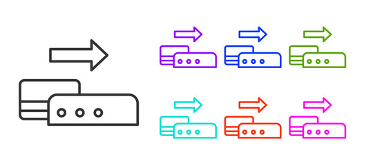 Black line Pos terminal with inserted credit card icon isolated on white background. Payment terminal transaction. Pay by card. Set icons colorful. Vector.
