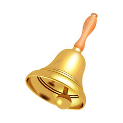 Golden bell with a wooden handle. Vector isolated image on white background. - obrazy, fototapety, plakaty