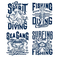 Tshirt prints with underwater animals vector sketch squid, crab and octopus. Scuba diving or fishing club mascots, ocean creatures and blue grunge typography on white background, t shirt emblems set © Vector Tradition