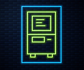 Glowing neon line ATM - Automated teller machine icon isolated on brick wall background. Vector.
