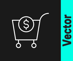White line Shopping cart and dollar symbol icon isolated on black background. Online buying concept. Delivery service. Supermarket basket. Vector.