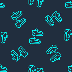 Green line Fitness sneakers shoes for training, running icon isolated seamless pattern on blue background. Sport shoes. Vector.