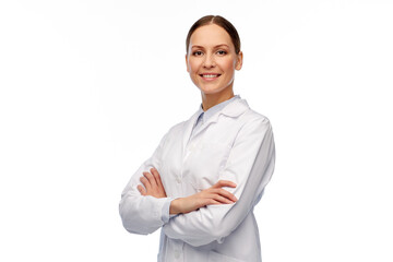 medicine, profession and healthcare concept - happy smiling female doctor or scientist in white coat - obrazy, fototapety, plakaty