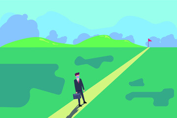 Obraz na płótnie Canvas Business goal concept. Businessman in face mask walking on the road towards success flag
