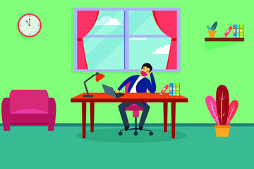 Quarantine vector concept: Young businessman feeling bored working from home while sitting with laptop