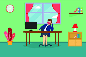 Quarantine vector concept: Businesswoman feeling bored working from home while sitting in front of her computer