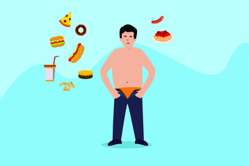 Diet vector concept: Fat man with junk food over his head while standing with his trouser 