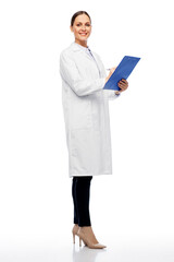 medicine, profession and healthcare concept - happy smiling female doctor or scientist in white coat with clipboard and pen