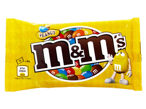 BUCHAREST, ROMANIA - MARCH 11, 2015. M&M's Chocolate candies isolated on white. M&M have been one of the most famous candy treats in the world since 1941