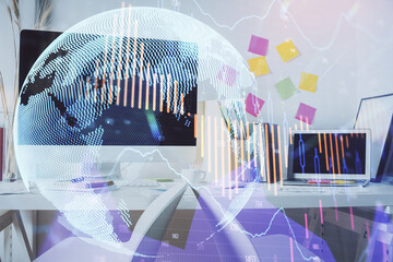 Double exposure of financial graph drawing and office interior background. Concept of stock market.