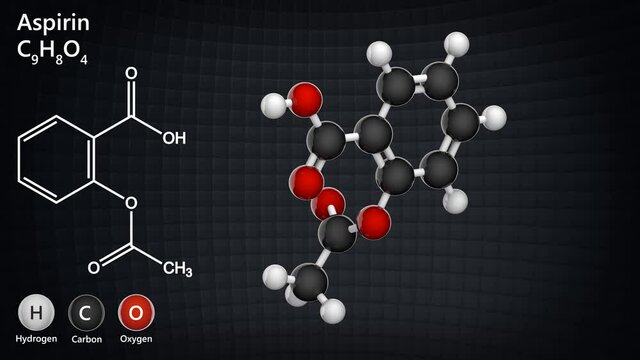 Aspirin (ASA) molecule ball and stick model - C9H8O4. 3D render. Seamless loop. Ball and Stick chemical structure model.