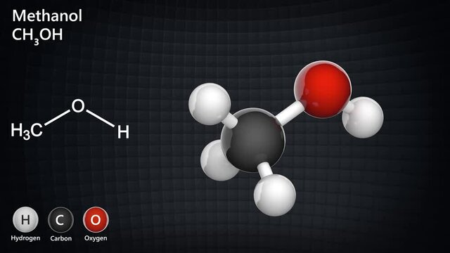 Methanol, also known as methyl alcohol among others, is a chemical with the formula CH3OH (often abbreviated MeOH) 3D render. Seamless loop. Ball and Stick chemical structure model.