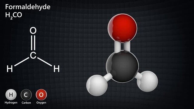 Formaldehyde is a naturally occurring organic compound with the formula H2CO or CH2O. 3D render. Seamless loop. Ball and Stick chemical structure model.