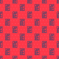 Blue line Medical clipboard with clinical record icon isolated seamless pattern on red background. Health insurance form. Prescription, medical check marks report. Vector.