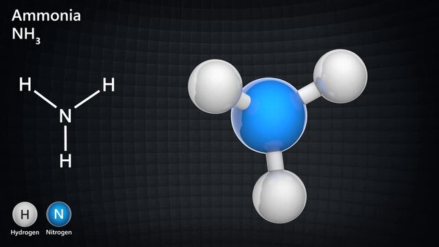 Ammonia (molecular formula: NH3 or H3N) is a colorless alkaline gas. It is formed in the body during decomposition of organic materials. 3D render. Seamless loop. Ball and Stick chemical structure mod
