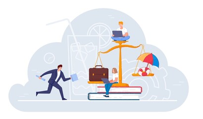 Fototapeta na wymiar Balance scale between hard office work and rest on vacation. Business people or freelance worker with laptop and imbalance in favor of work, career growth and busy lifestyle vector illustration
