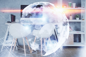 Double exposure of business theme drawing and office interior background. Concept of success