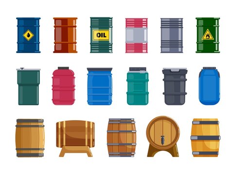 Metal, plastic, wooden barrel capacity tank for liquid set. Different cask for safety storage, delivery shipping hazard fuel, flammable gasoline, oil, wine beer vector illustration isolated on white