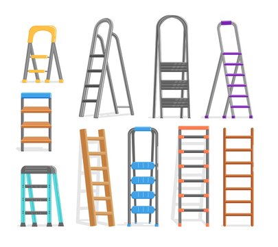 Metal, plastic and wooden stepladder construction tool set. Cartoon staircase or folding step ladder different type for builder, repairman and painter vector illustration isolated on white background