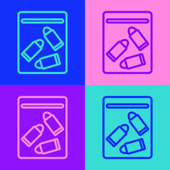 Pop art line Evidence bag and bullet icon isolated on color background. Vector.