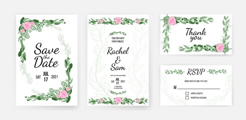 Fototapeta na wymiar Wedding invitation card template with romantic floral design. Save date, together with family and thank you lettering with flower foliage pattern vector illustration isolated on white background