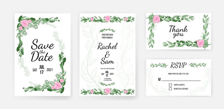 Wedding invitation card template with romantic floral design. Save date, together with family and thank you lettering with flower foliage pattern vector illustration isolated on white background