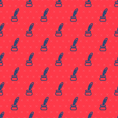 Blue line Feather and inkwell icon isolated seamless pattern on red background. Vector.