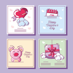 happy valentines, collection greeting cards with bear heart gift hand drawn style