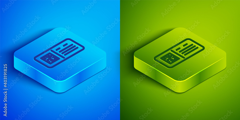 Poster isometric line qr code ticket train icon isolated on blue and green background. square button. vecto