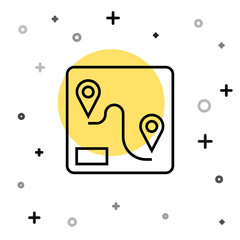 Black line Route location icon isolated on white background. Train line path of train road route with start point GPS and dash line. Random dynamic shapes. Vector.