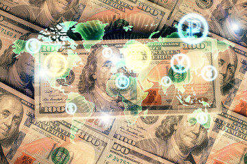 Multi exposure of forex chart drawing over us dollars bill background. Concept of financial success markets.