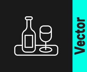 White line Wine bottle with glass icon isolated on black background. Vector.