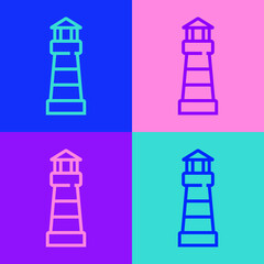 Pop art line Lighthouse icon isolated on color background. Vector.