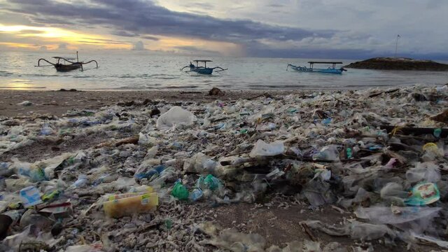 Very Dirty Beach - Tons of Trash, Garbage, Plastic Waste in Coastal - Earth Environmental Problem Disaster in Bali Indonesia