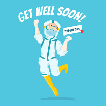 Expressive Nurse Character Illustration wearing ppe hazmat suit jumping and happy to say get well soon for patient motivation in isolation