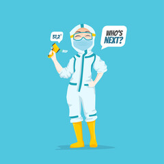 Expressive Nurse Character Illustration wearing ppe hazmat suit holding infrared thermal gun forehead temperature